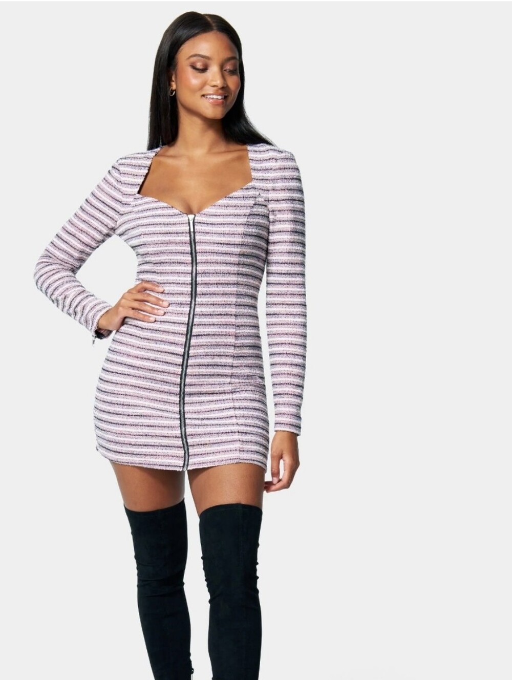 NWT Bebe Zip Front Tweed Mini Dress Pink Black Striped Long Sleeve Coquette SM